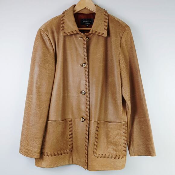 Damselle VTG SZ XL Genuine Leather Whip Stitched Button Front Buttery Soft Coat - Picture 2 of 5